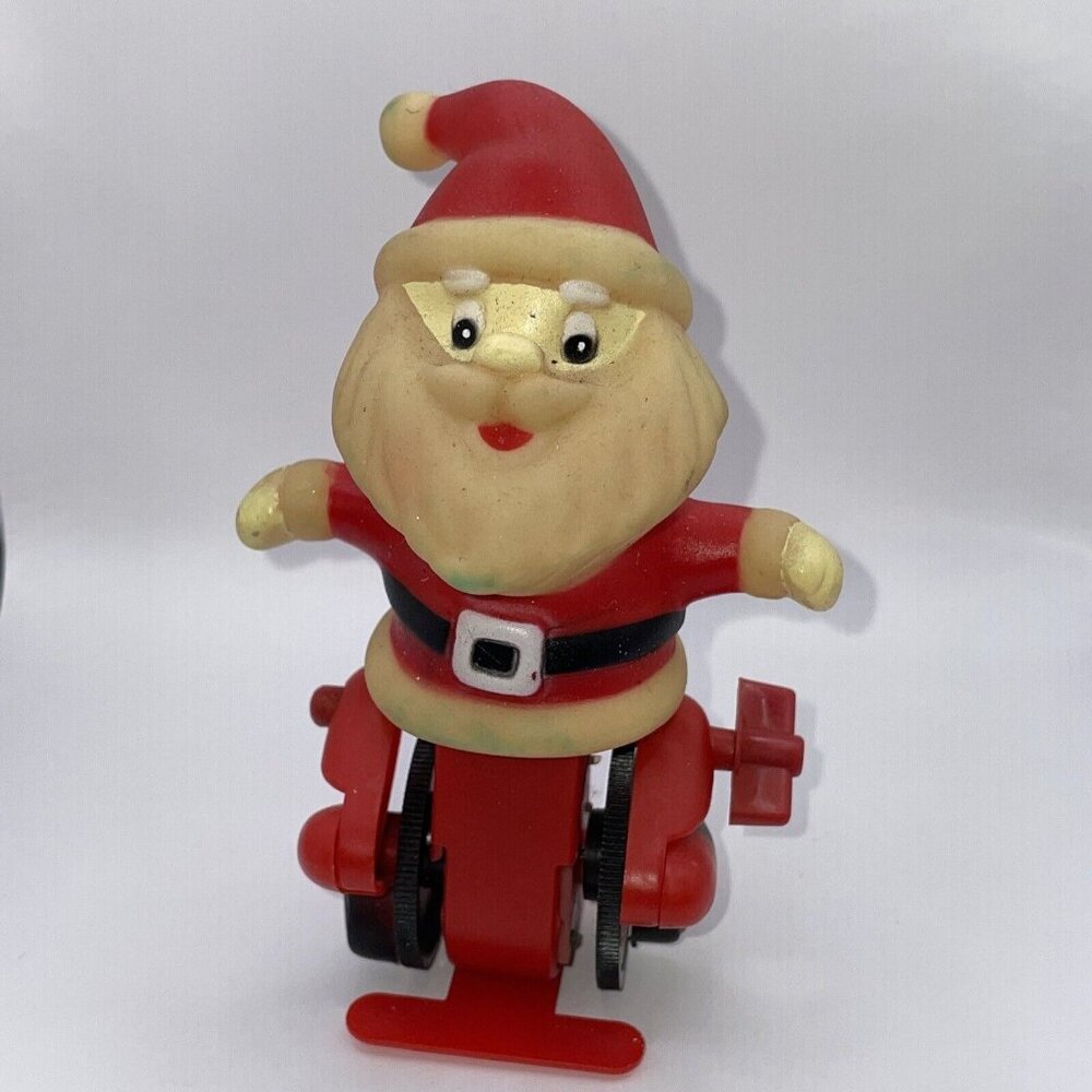 Vintage 5"‎ Rubber Santa Claus Riding unicycle wind up toy Christmas Mechanical